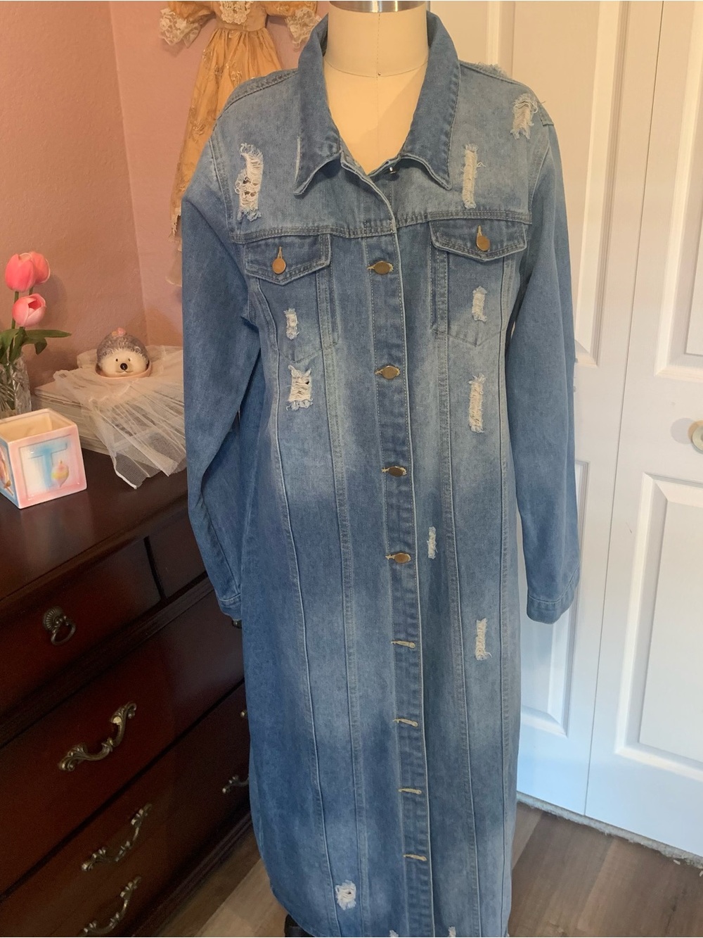 Classic Long Distressed Denim Jacket Duster Coat - Blue